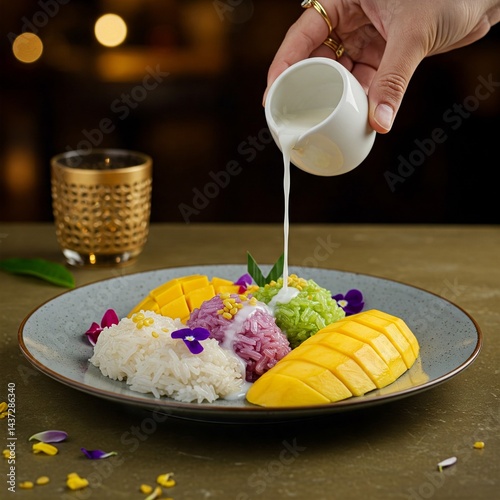 mango sticky rice, Thai dessert, Asian dessert, tropical dessert, 