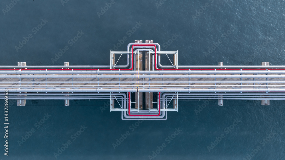 Aerial view industrial oil and gas pipeline system, Energy industry pipeline structure oil and gas refinery, Industrial pipeline system petrochemical plant refinery, Petrochemical pipeline network.