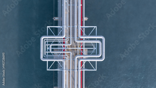 Aerial view industrial oil and gas pipeline system, Energy industry pipeline structure oil and gas refinery, Industrial pipeline system petrochemical plant refinery, Petrochemical pipeline network.