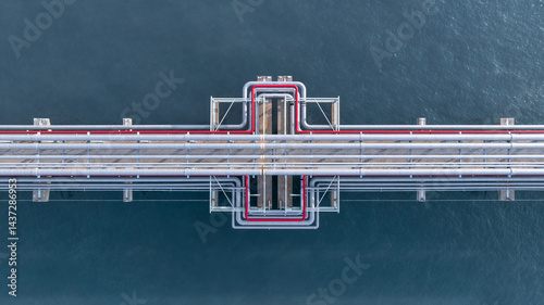 Aerial view industrial oil and gas pipeline system, Energy industry pipeline structure oil and gas refinery, Industrial pipeline system petrochemical plant refinery, Petrochemical pipeline network.