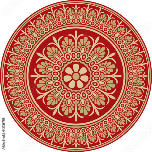 Vector gold with red classic Greek round ornament. Circle of Ancient Greece and the Roman Empire. Byzantine painting of walls, floors and ceilings. Decoration of European palaces