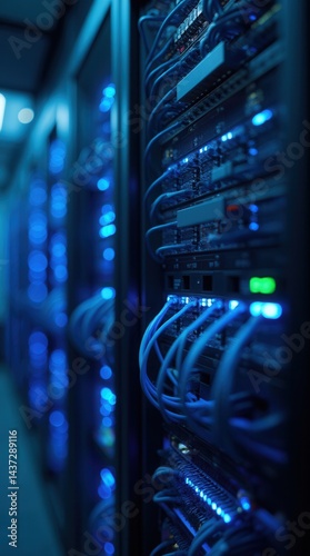 Technical blue-lit server rack in data center