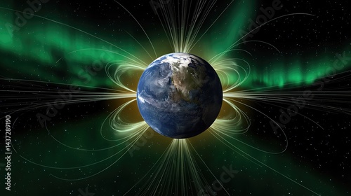 Fototapeta Naklejka Na Ścianę i Meble -  Earth’s magnetic field glows brightly in outer space, swirling with vibrant geomagnetic energy.

