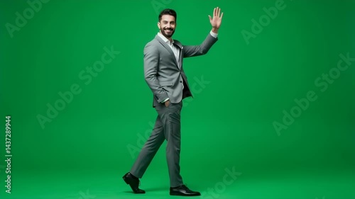 Confident Businessman Walking and Waving, Green Screen Studio Shot