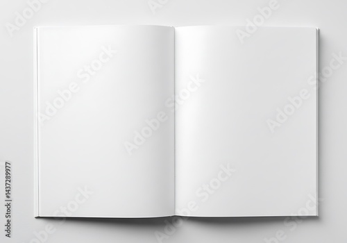 An open blank book lying flat with two empty white pages ready for writing or drawing on a white background