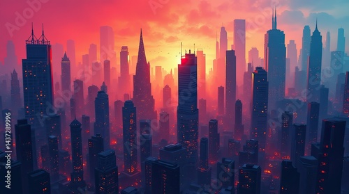 Whimsical abstract cityscape with distorted, dancing skyscrapers and geometric buildings in vibrant twilight colors, evoking urban energy and movement.