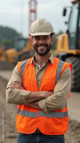 Confident adult construction worker smiling at building site
