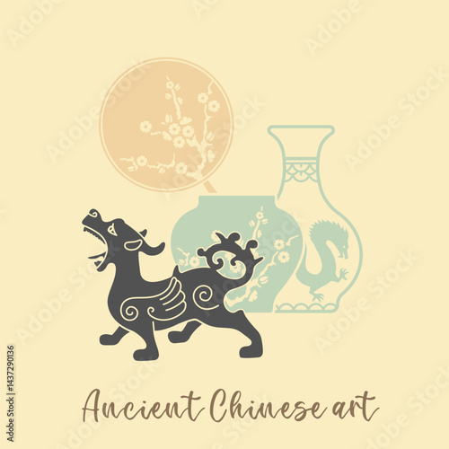 Symbols of the ancient art of China. Bronze, porcelain, painting. Vector Illustration