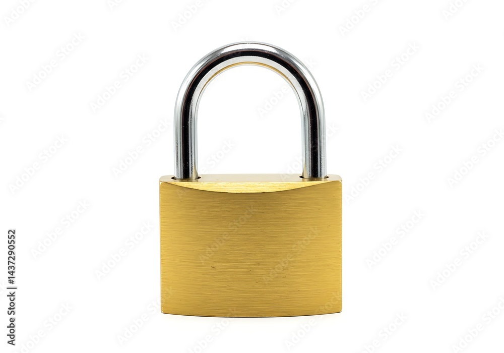 A close up shot of a new brass padlock with a silver shackle on a clean white background in studio light A close up shot of a new brass padlock with a silver shackle on a clean white background in studio light