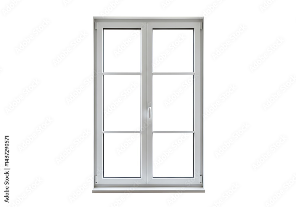 A centered view of a white framed window with six panes against a white background in a studio shot A centered view of a white framed window with six panes against a white background in a studio shot