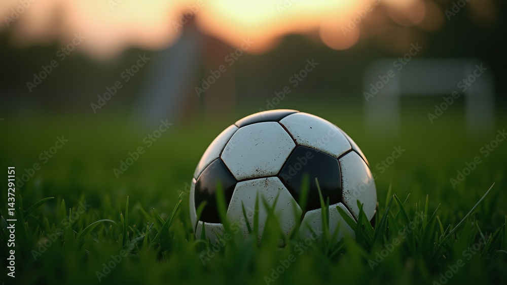 Fototapeta premium Soccer Ball on Grass Field with Goal and Sunset
