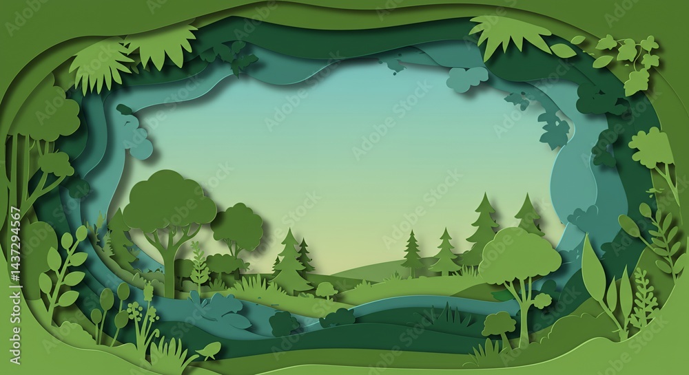 Obraz premium Paper Cut Art Green Nature Landscape Eco Friendly Environment Illustration for Sustainable Living Ecology and Earth Day Designs