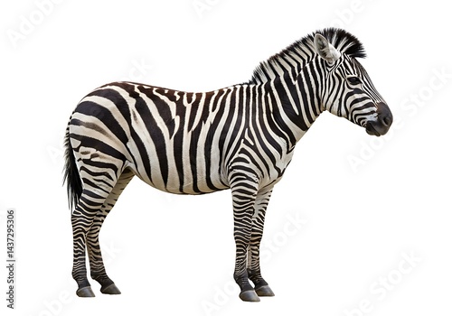A zebra standing in a full shot with black and white stripes on a completely white background plain scene