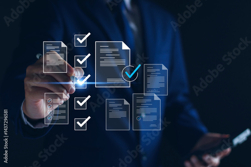 Electronic documents for business checklist concept, Businessman with electronic checking investment approval, executing plan, project approved, digital signature, digital business