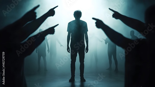 A person standing amidst accusing shadowy figures.