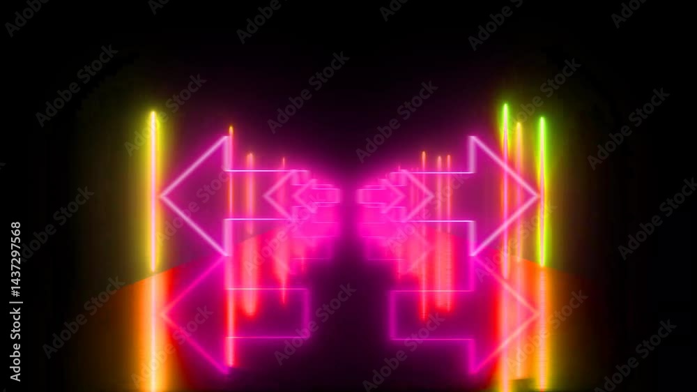 glowing arrows symbol , neon tunnel infinitive visual loop ,  construction,