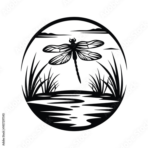 Black Silhouette Dragonfly In Circular with Marsh Grass and Water Pattern Design