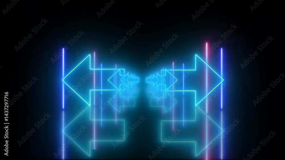 glowing arrows symbol , neon tunnel infinitive visual loop ,  construction,