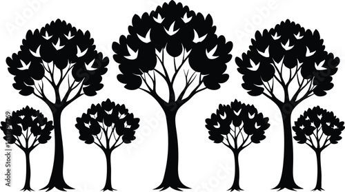 Beautiful Beech Tree Set Isolated Silhouette Vector Illustration Natural Forest Elements Collection