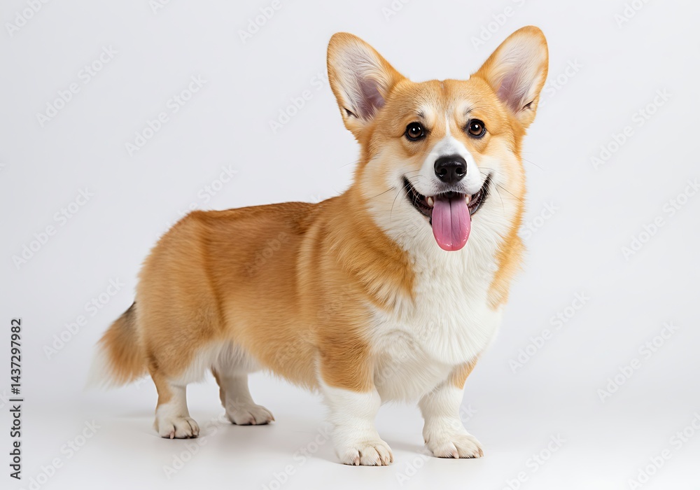 A pembroke welsh corgi dog with a happy expression and tongue out on a plain white background studio shot A pembroke welsh corgi dog with a happy expression and tongue out on a plain white background studio shot