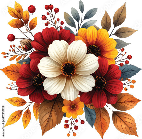 Vibrant fall floral bouquet with red, yellow, and white flowers surrounded by autumn leaves. Autumn-inspired bouquet featuring deep red, white, and yellow blooms with golden leaves