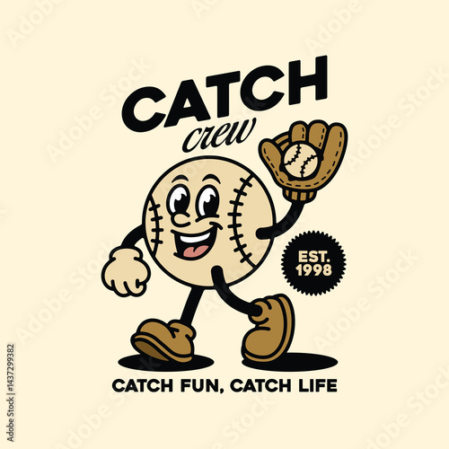 Funny Baseball Ball Cartoon Character Catching Glove, Retro Sport Style Illustration