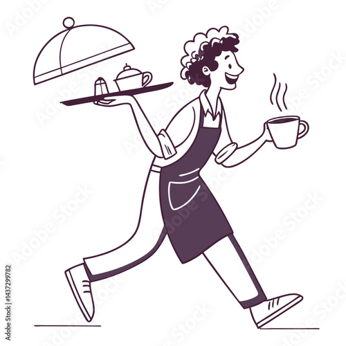 Line Art Curly Hair Waitress Running with Coffee and Food Tray in One Stroke Style