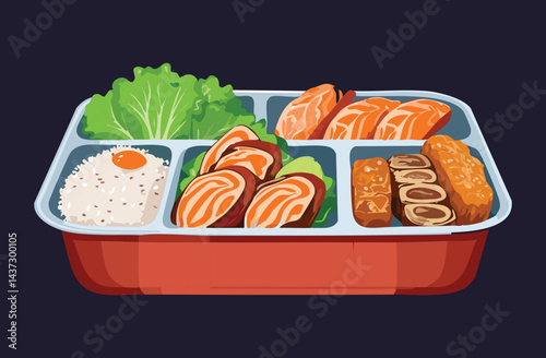 Chicken Teriyaki and Nuggets Bento Rice Food - Vector Illustration