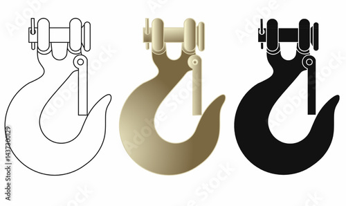 Vector set of industrial lifting hooks or clevis hooks in outline, gradient, and solid style. Perfect for crane, towing, rigging, and heavy equipment design and engineering projects.Industrial Crane