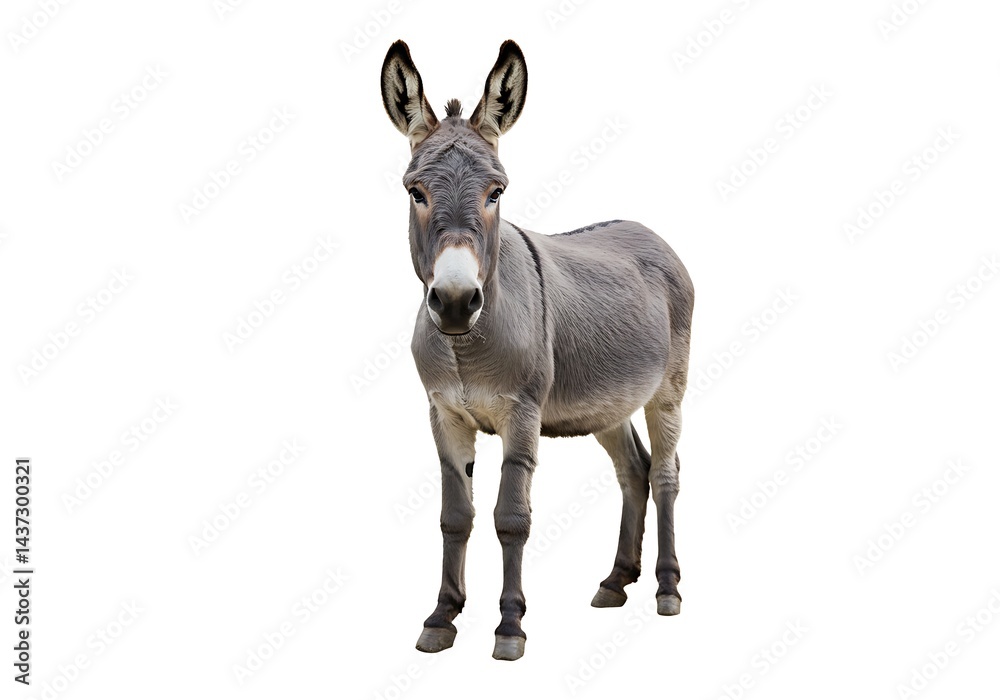 Obraz premium A gray donkey standing in a full shot against a plain white background looking at the camera directly