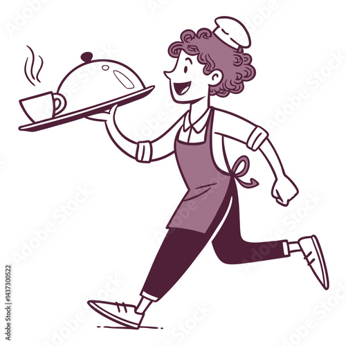 Running Waitress Character With Serving Tray Holding Food and Drink