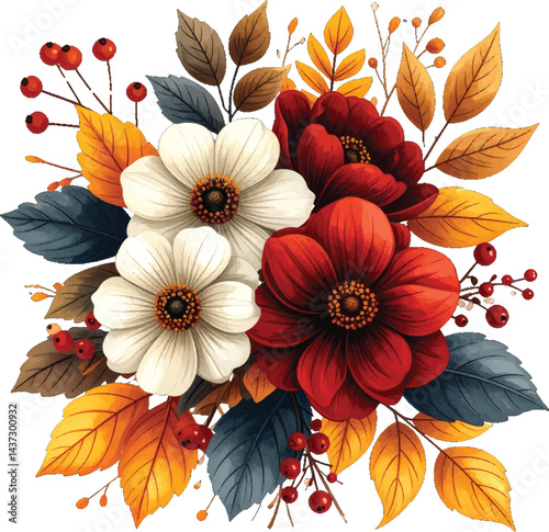 Vivid fall flower arrangement featuring red and yellow blooms with delicate autumn leaves. Elegant watercolor bouquet with red and yellow flowers, autumn leaves, and bright berry accents