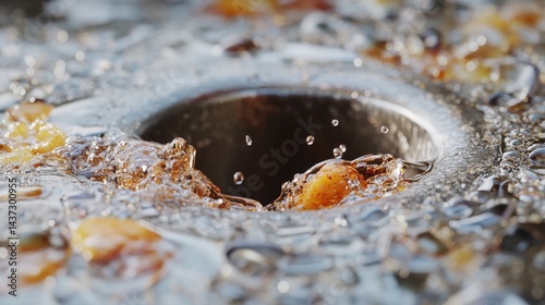 Close up of water vortex in metallic drain with floating apple pieces