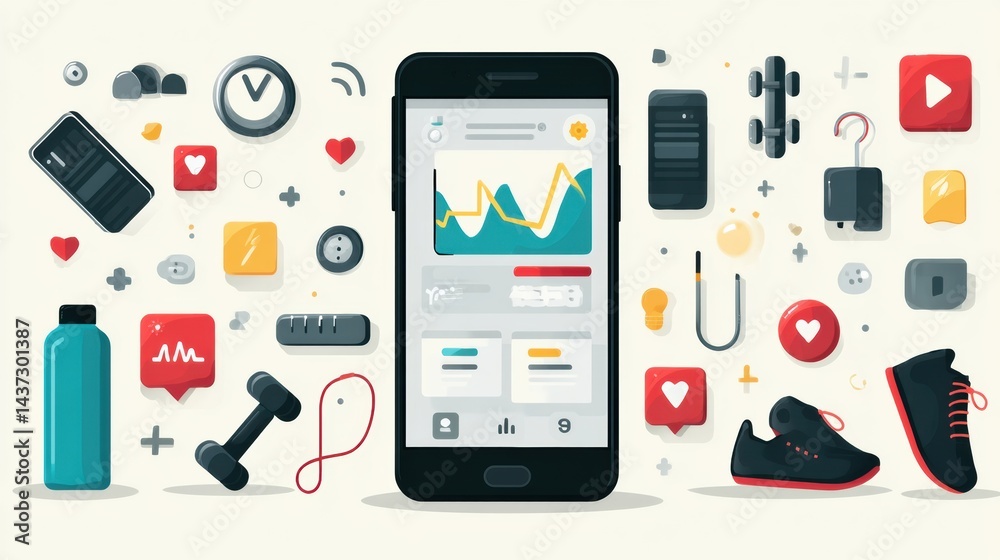 Smartphone Displaying Workout Tracker App With Fitness Icons Including Weights, Shoes, and Hydration Bottles for Tracking Health and Exercise Smartphone Displaying Workout Tracker App With Fitness Icons Including Weights, Shoes, and Hydration Bottles for Tracking Health and Exercise