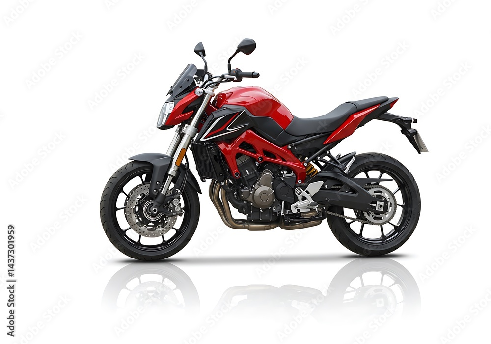 A red and black motorcycle is parked on a white background with a slight reflection below it A red and black motorcycle is parked on a white background with a slight reflection below it