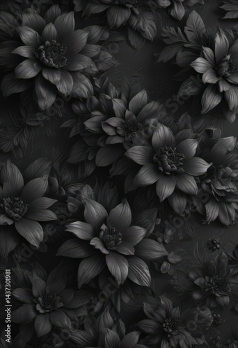 Abstract charcoal floral wallpaper, dark tones, seamless repeat, plant, modern