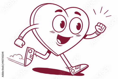 Animated Heart Character Jogging with Raised Fist, Smiling, Cartoon Outline Style