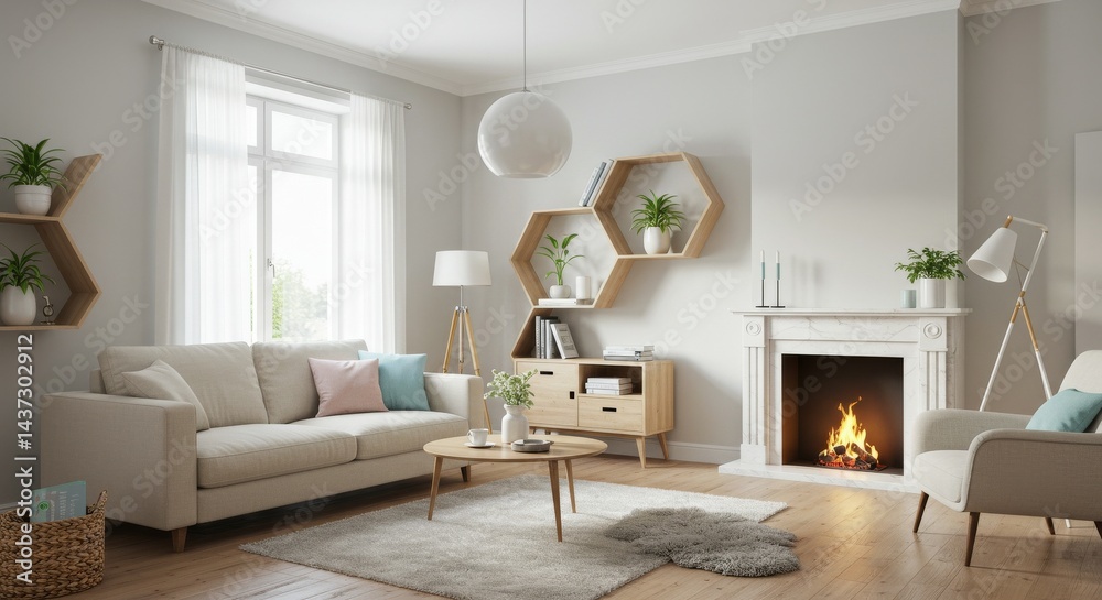 Fototapeta premium Cozy living room with fireplace and soft textures