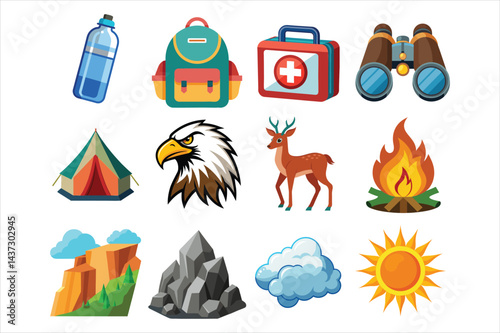 Outdoor Adventure Icons Set - Camping Gear, Wildlife, and Nature Scenes 