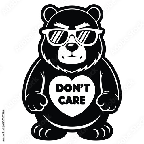 Cartoon Black Bear Standing, Wearing Sunglasses with Heart and Text Don't Care