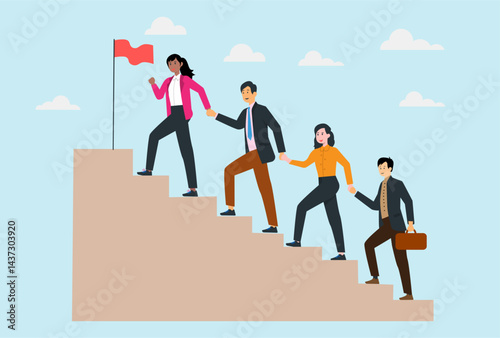 business leadership concept illustration group of diverse people business outfits walking up the steps following a leader looking ahead background clipart