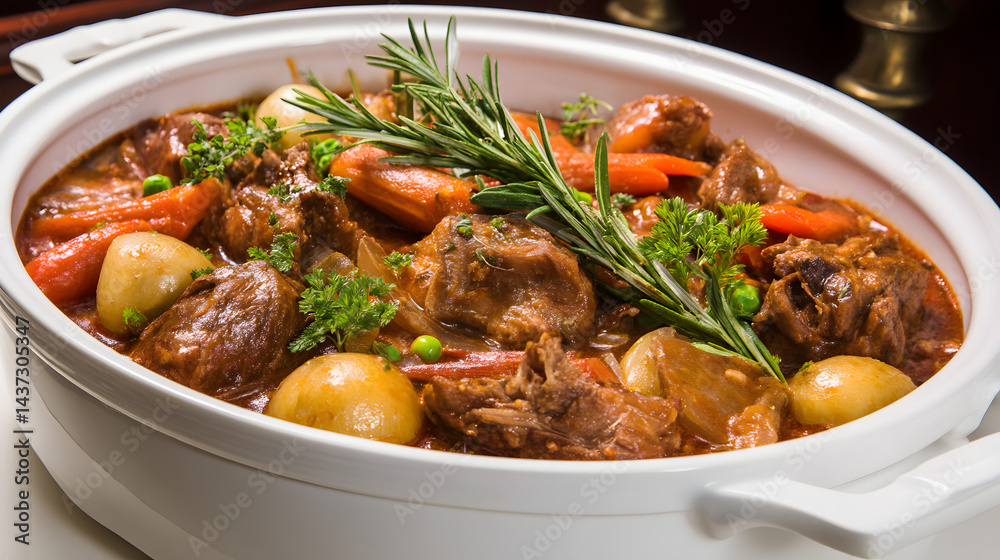 Traditional Navarin d’Agneau - Flavorful Lamb Stew with Vegetables and Fresh Herbs in White Serving Dish Traditional Navarin d’Agneau - Flavorful Lamb Stew with Vegetables and Fresh Herbs in White Serving Dish