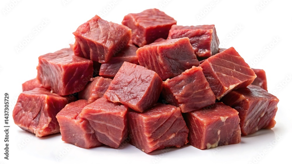 Fototapeta premium Pile of beef cubes isolated on white background