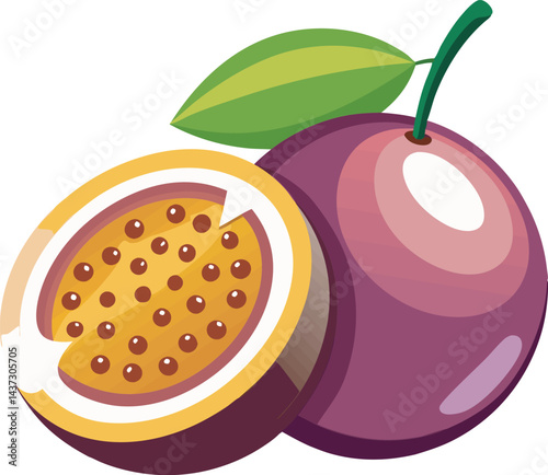 A vibrant, colorful vector art illustration showcasing a delicious, ripe passion fruit, featuring juicy textures and fresh tropical vibes, perfect for designs