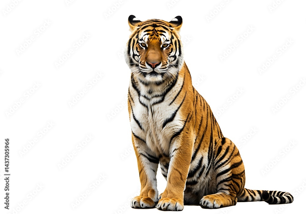 Obraz premium A majestic tiger sitting upright and looking directly at the viewer on a white background image
