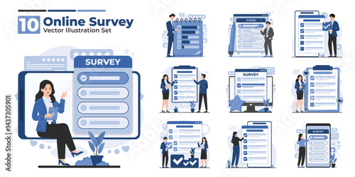 Collection of online survey illustrations showing mobile feedback, user review, and rating concepts designed for customer experience improvement and data collection analysis needs
