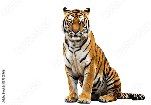 A majestic tiger sitting upright and looking directly at the viewer on a white background image