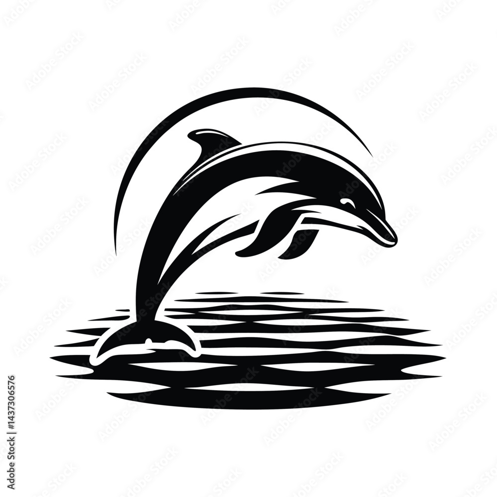 Naklejka premium Elegant Silhouette Dolphin Leaping from Water Under Arch, Stylized Black and White Art