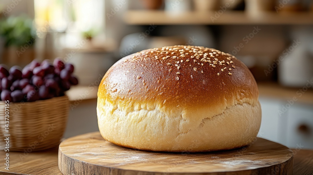 Freshly baked round loaf of bread on a wooden board Freshly baked round loaf of bread on a wooden board