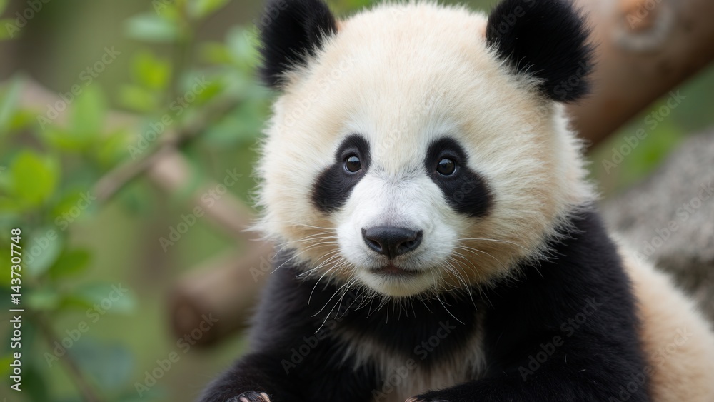 Baby panda is sitting on a branch. The baby panda is looking at the camera